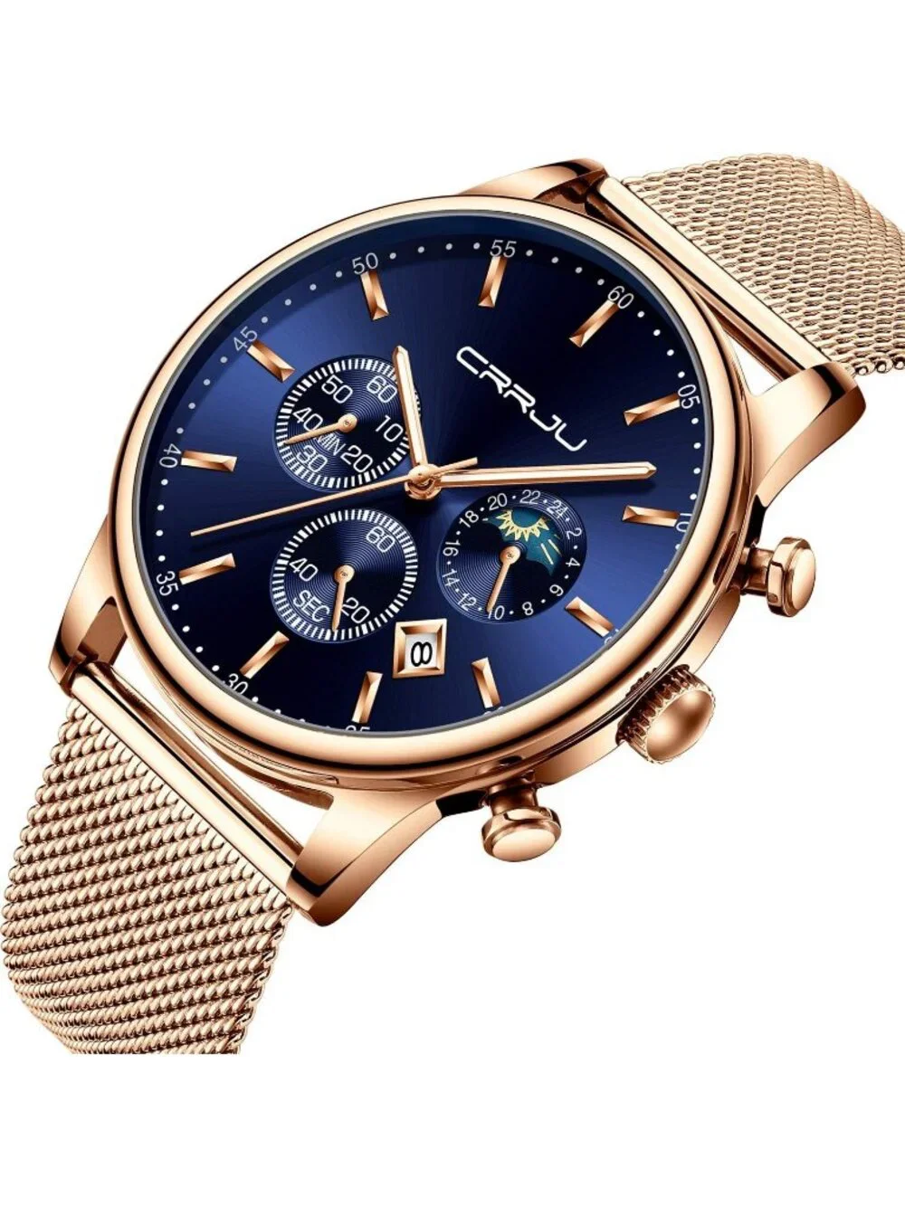 Men's Rose Gold Blue Chronograph Waterproof Steel Quartz Mesh Strap Casual Watch